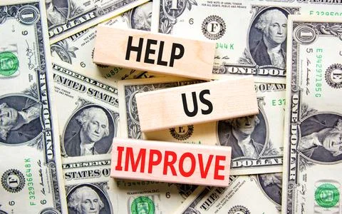 Help us improve symbol. Concept words Help us improve on beautiful wooden blo Stock Photos