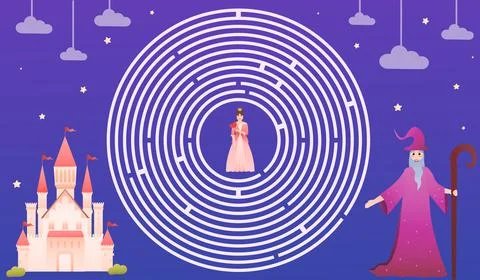 Help wizard to find way to princess and save her, fairy tale theme for kids Stock Illustration