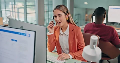 Help, woman and happy at computer in callcenter for customer care, follow up Stock Footage 341462586