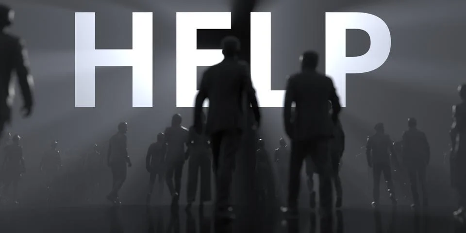 HELP word and backlit anonymous crowd conceptual 3d rendering Stock Illustration