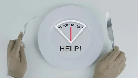 Help Word Weight Scale Concept on plate and hand holding fork and knife Stock Footage 313927309