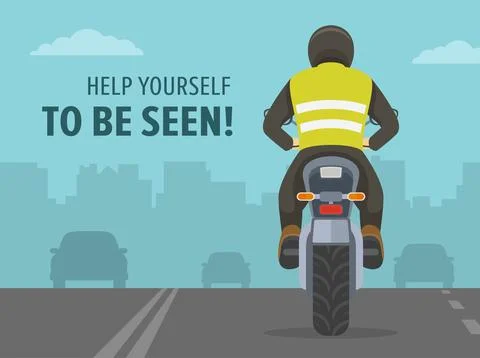 Help yourself to be seen. Biker wears safety jacket vest. Back view. Stock Illustration