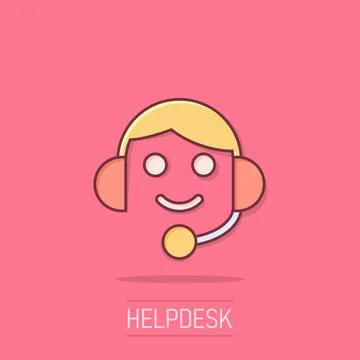 Helpdesk icon in comic style. Headphone cartoon vector illustration on isol.. Stock Illustration