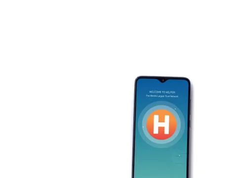 Helpers app launch screen with logo on the display of a black mobile smartpho Stock Photos