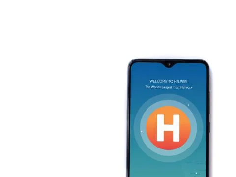 Helpers app launch screen with logo on the display of a black mobile smartpho Stock Photos