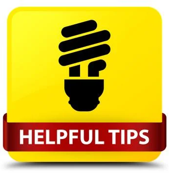 Helpful tips (bulb icon) yellow square button red ribbon in middle Stock Illustration