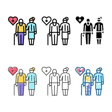 Helping and caring for elderly stylized people color icon vector Stock Illustration