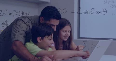 Helping children with laptop, father using mathematical equations animation Stock-Footage 304483042