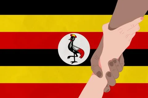 Helping hand against the Uganda flag. The concept of support. Two hands tak.. Stock Illustration