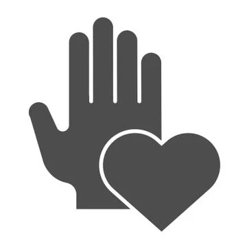 Helping hand of charity solid icon. Human palm and heart shape symbol, glyph 스톡 일러스트