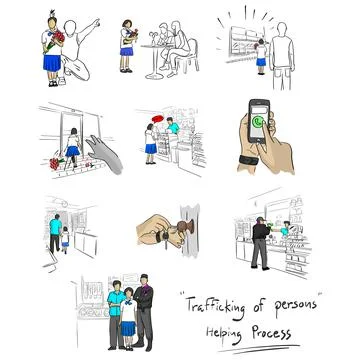 Helping process of human trafficking in Thailand vector illustration sketch d Stock Illustration