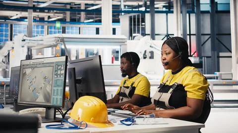 Helpline assistant troubleshoots errors in solar production systems Stock Photos