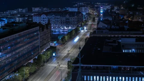 Helsingborg Avenue Traffic Light Trails at Night, High Angle Stock Footage 343690881