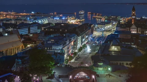 Helsingborg Harbor and Ferry Traffic at Twilight, High Angle Stock Footage 343591812