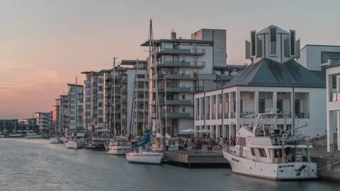 Helsingborg Harbor and Modern Waterfront at Sunset Stock Footage 343594407