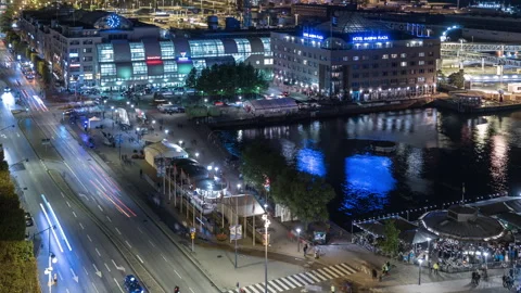 Helsingborg Harbor Traffic and Reflections at Night, Timelapse Stock Footage 343683098