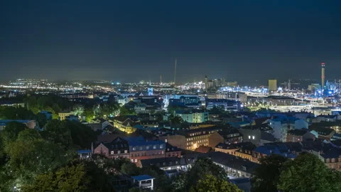 Helsingborg Illuminated Skyline and Harbor, Night Wide Shot Stock Footage 343592902