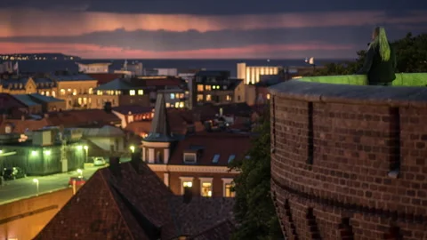 Helsingborg Rooftops and Oresund at Dusk, Elevated View Stock Footage 343698044
