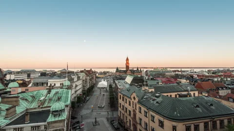 Helsingborg Rooftops and Town Hall Sunrise Timelapse Stock Footage 342425952