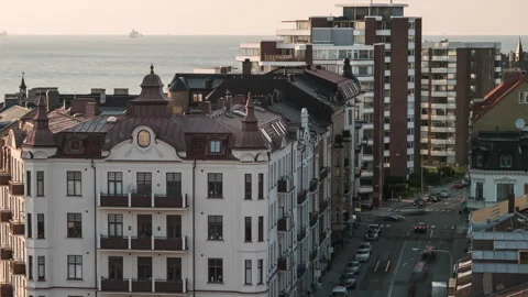 Helsingborg Rooftops, Waterfront and Traffic, Elevated View Stock Footage 343702076