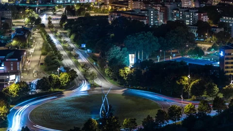 Helsingborg Roundabout Traffic Light Trails at Night Stock Footage 342551591