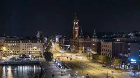Helsingborg Town Hall and Night Traffic, Panning Timelapse Stock Footage 343776790