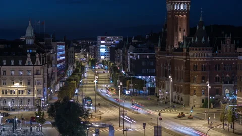 Helsingborg Town Hall Framed by Illuminated Night Streets Stock Footage 343809817