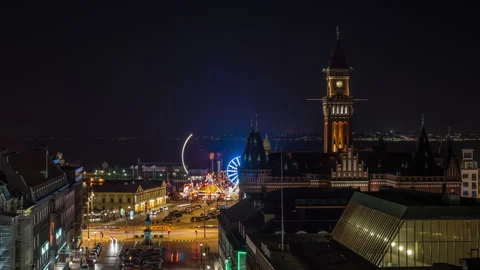 Helsingborg Waterfront Funfair and Town Hall Night Timelapse Stock Footage 341534011