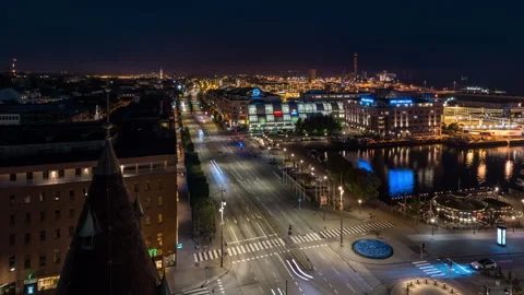 Helsingborg Waterfront Traffic Trails, Night Timelapse Stock Footage 342454587