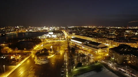 Helsinki city wide angle aerial night time lapse, 360° shutter 100% fluid motion Stock Footage
