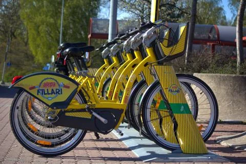 Helsinki, Finland - 12/05/2019: Fillari Alepa Yellow City Bikes Stock Photos