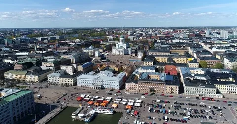 Helsinki harbor, Cinema 4k aerial view of kauppatori market square and the .. Stock Footage