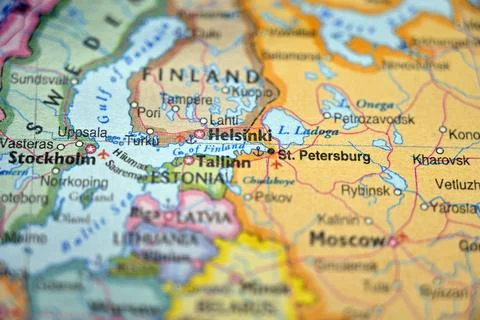 Helsinki Highlighted on World Map with Soft Blur Defocused Background Stock-Fotos