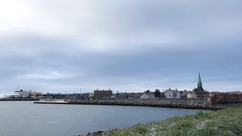 Helsinor establishing shot ferry get into harbor Stock Footage 100876647