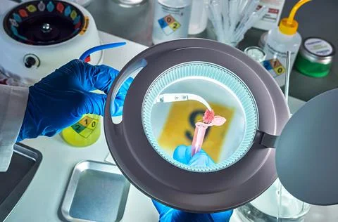 Hematological analysis with forensic test kit in a murder in a crime lab, pos Stock Photos