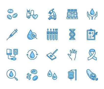 Hematology flat line icons set. Blood cell, vessel, sphygmomanometer, dna test Stock Illustration