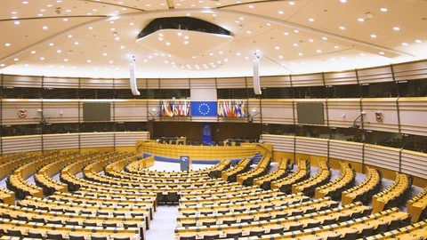 Hemicycle European Parliament Brussels Belgium panning shot Stock Footage
