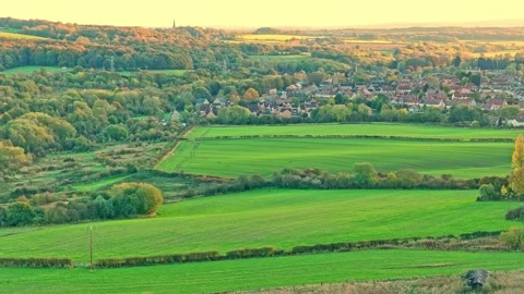 Hemingfield village and patchwork fields seen from hillside above Barnsley Stock Footage 320554819