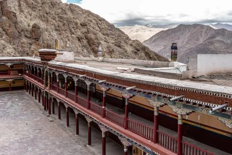Hemis Monastery Long corridor  building with Mountain rock Stock Photos