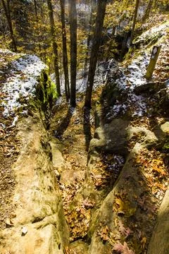 Hemlock Cliffs in Autumn after a light snow, Indiana Stock Photos