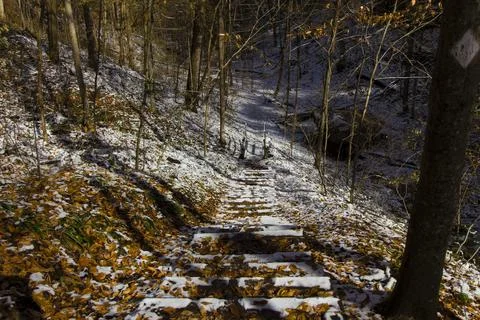 Hemlock Cliffs in Autumn after a light snow, Indiana Stock Photos