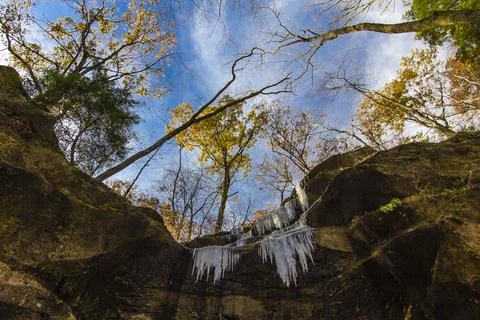 Hemlock Cliffs in Autumn after a light snow, Indiana Stock Photos