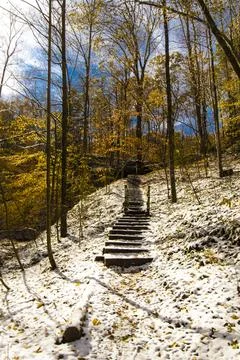 Hemlock Cliffs in Autumn after a light snow, Indiana Stock Photos