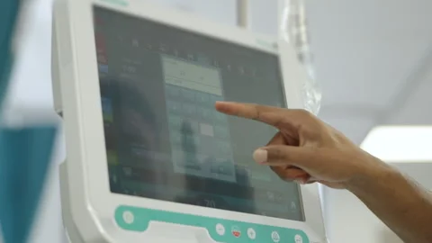 Hemodialysis Machine Touchscreen Settings Adjusted by Nurse Hand Stock Footage 338439188