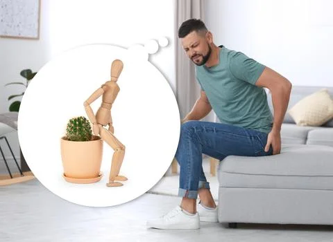Hemorrhoid problem. Man suffering from pain in living room Stock Photos