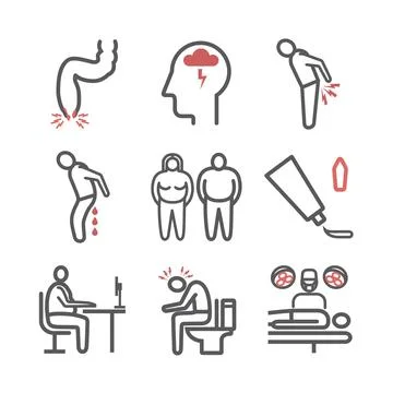 Hemorrhoids line icon Infographics. Vector signs for web graphics. Illustrazione stock