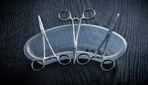 Hemostatic Forceps scissors lay flat on top of plastic equipment holder on a  Stock Photos