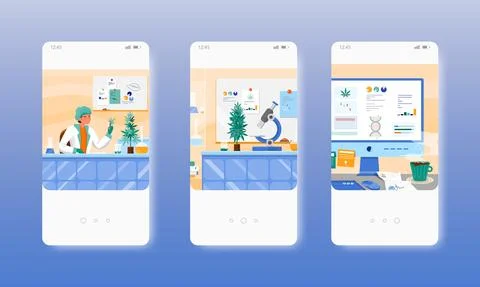 Hemp lab. Marijuana research. Cbd oil test. Mobile app screens, vector website Stock Illustration
