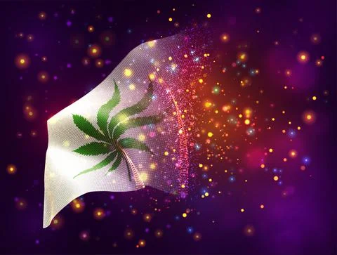 Hemp leaf, vector 3d flag on pink purple background with lighting and flares Stock Illustration