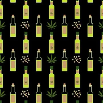 Hemp oil seamless pattern on black background Stock Illustration